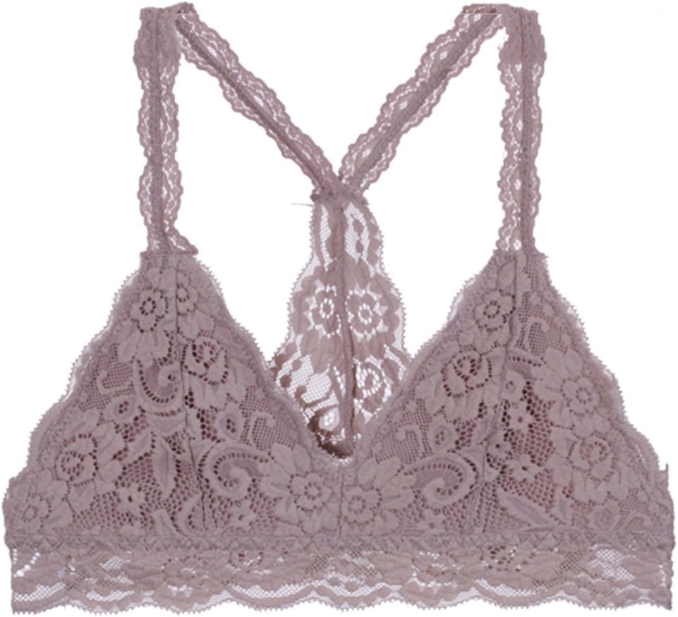 Racerback Lace Bralette Bustier Bra Crop Top Sheer UNPADDED MESH SEXY LINED BRA, Large, Mocha