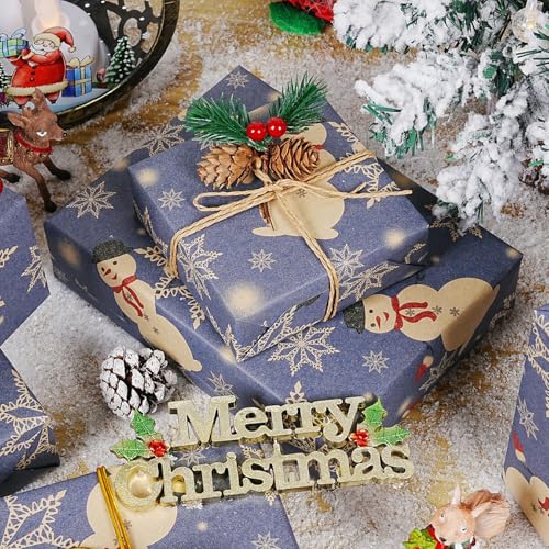 Christmas Wrapping Paper Roll, 43CM x 15M Navy Blue Kraft Xmas Wrapping Paper Roll, Snowman Snowflake Design Gift Wrapping Paper for Christmas New Year Winter Holiday - Image 4
