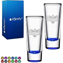 Personalized Shot Glass Vestige Name 2 oz Blue Bottom Tall Shooter with Custom Text Birthday Gift, Party Decorations for Men and Women - Set of 2