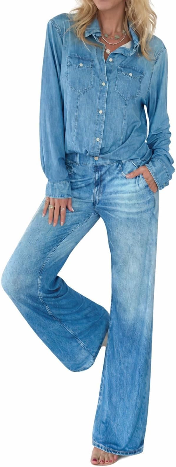 Denim Print Pyjama Set For Women Soft Comfy 2 Piece Lounge Wear Sets Long Sleeve Button Down Tops And Baggy Trousers Lightweight Breathable Ladies Pyjamas 2026 Nightwear For Sleeping Home Holiday