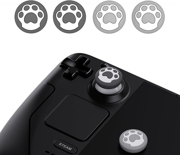 PlayVital Joystick Kappen für Steam Deck LCD,Thumbsticks Grips Caps für PS Portal Remote Player,Schutzkappen Zubehör Analog Stick Kappen für Steam Deck OLED Controller(Katzenpfote Grau & Hellgrau) - 2