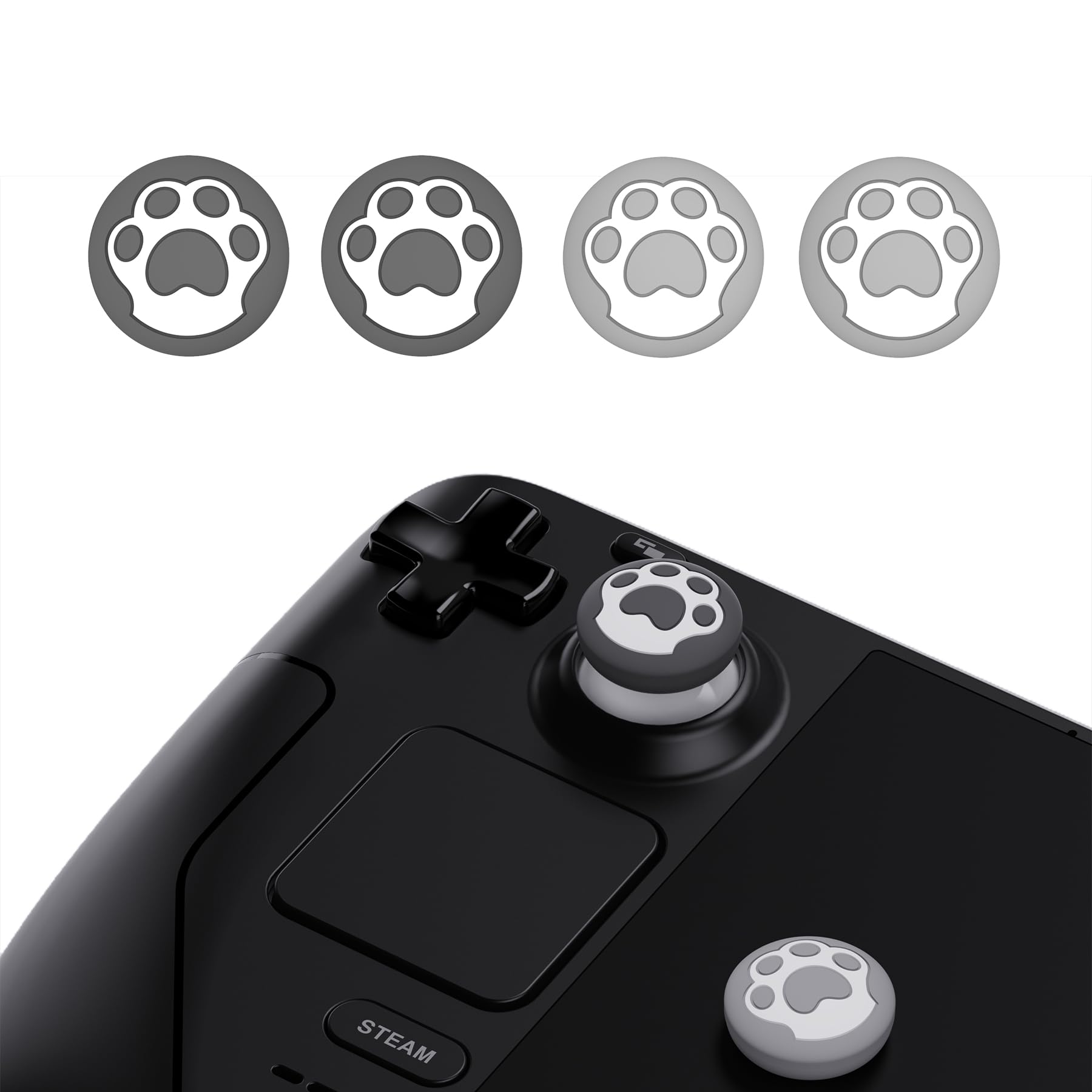 PlayVital Joystick Kappen für Steam Deck LCD,Thumbsticks Grips Caps für PS Portal Remote Player,Schutzkappen Zubehör Analog Stick Kappen für Steam Deck OLED Controller(Katzenpfote Grau & Hellgrau) - 2