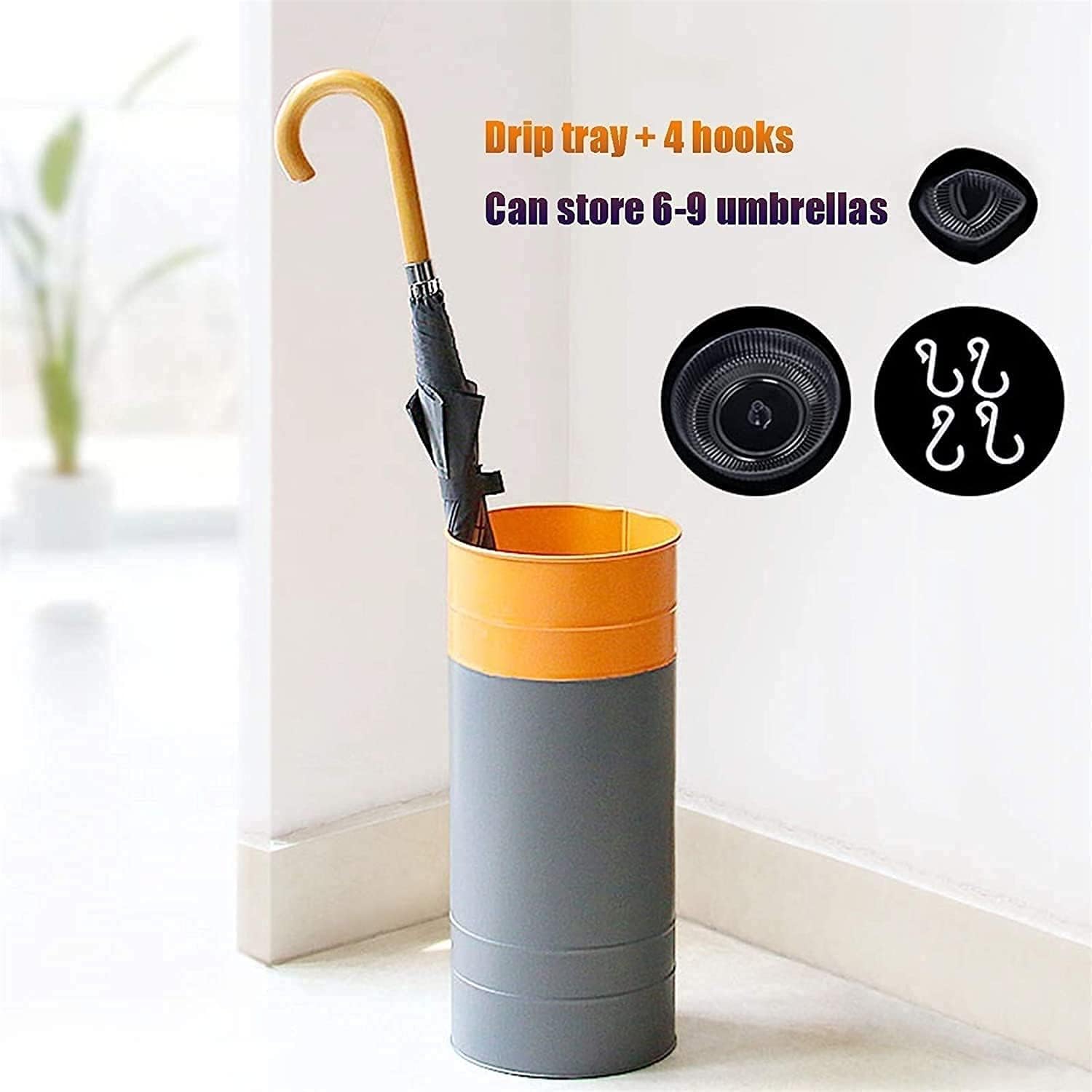 傘立て、傘立てシンプルメタル、傘バケツ、ドリップトレイフック付き、省スペース
