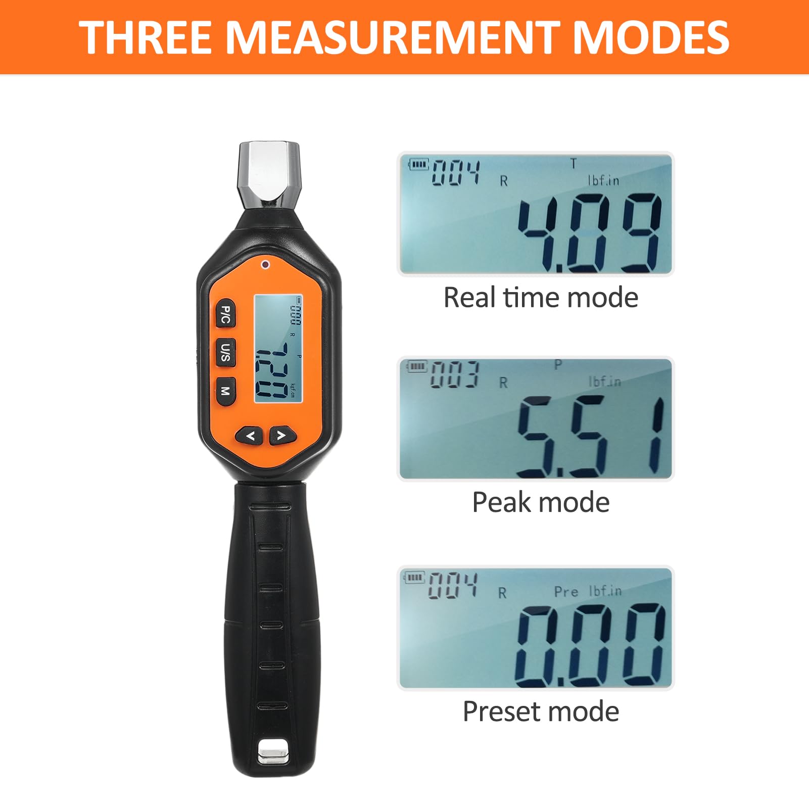 EWM-R-10 - Llave dinamométrica digital de cabeza intercambiable de 1/4 pulgadas, portátil, pantalla grande con sonido retroiluminado, alarma LED, modo preestablecido de pico en tiempo real, 3