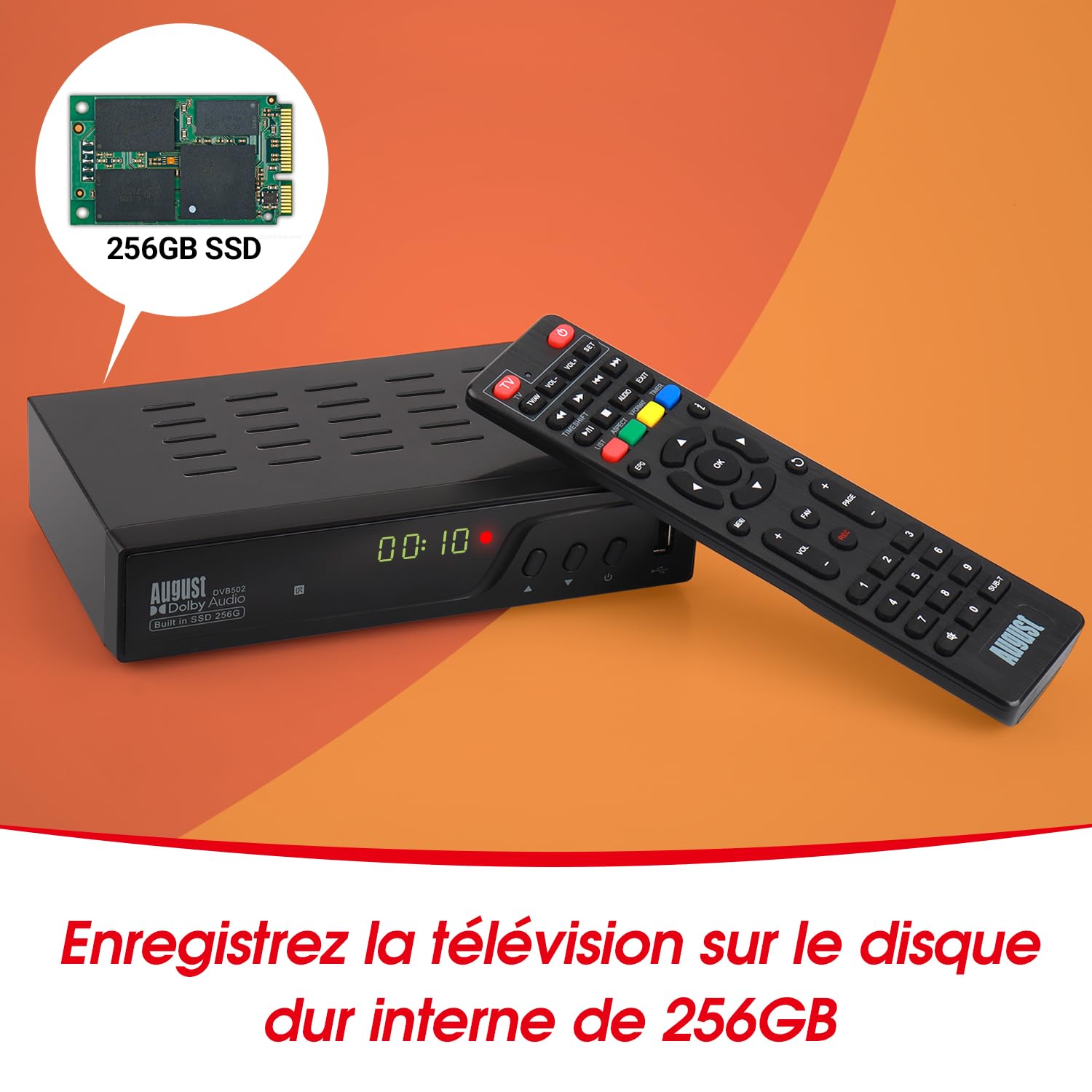 August DVB502 - Décodeur TNT HD avec Disque Dur de 256GB - TNT HD Double Tuner pour Regarder et Enregistrer simultanément, Guide TV sur 7 Jours, HDMI 1080P, Timeshift et Contrôle du Direct