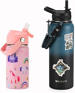 40 oz Insulated Water Bottle with Straw, Kids Water Bottle 14oz with Silicone Straw Lid