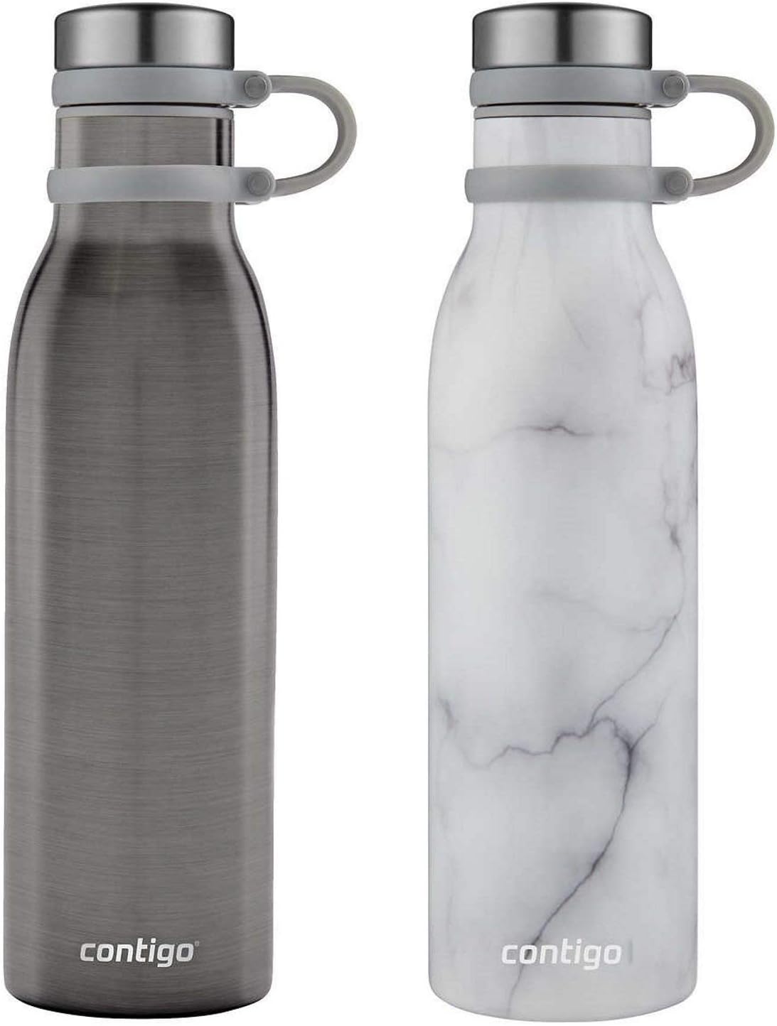 Contigo Couture Collection Vacuum-Insulated Stainless-Steel Water Bottle w/Tethered Lid, 20 oz, Gunmetal Grey/White Marble - 2 Pack