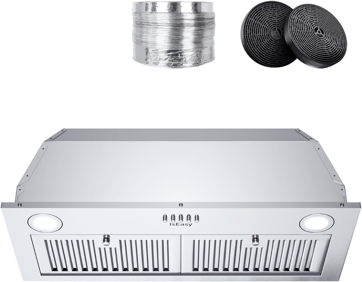 IsEasy 30 inch Built-in/Insert Range Hood 900 CFM, Kitchen Vent Hood with Stainless Steel Baffle Filters, Stove Hood Ducted/Ductless Convertible Duct, Carbon Filters included
