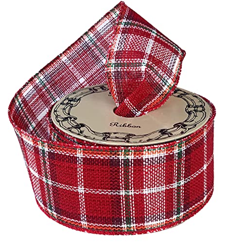 Image of Vintage Christmas Plaid Wired Ribbon - 2 1 /2 Inch x 10 Yards, Red, Green, White, Wired Edges, Christmas Tree Ribbon, Winter Decor, Farmhouse Decor, Garland, Gifts, Wreath, Bows