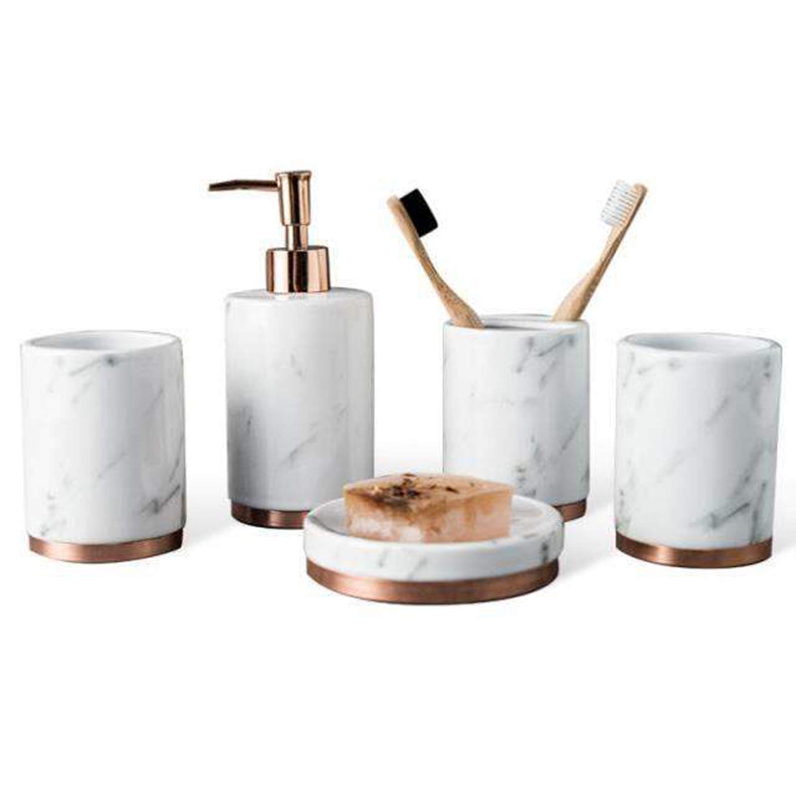 5-teiliges Designer-Badeaccessoire-Set aus Keramik, Badaccessoires-Set bestehend aus Badezimmerlotionsflaschen, Zahnbürstenhalter, Zahnbecher und Seifenschale (weißer Marmor) (weiß) (weiß)