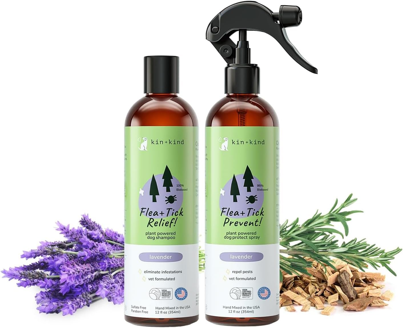 kin+kind Flea and Tick Spray and Shampoo Kit- Shampoo and Spray Set- Shampoo for Dogs, Spray for Dogs- for Tick and Flea Control Shampoo and Repel Spray- Lavender, 12 oz Each