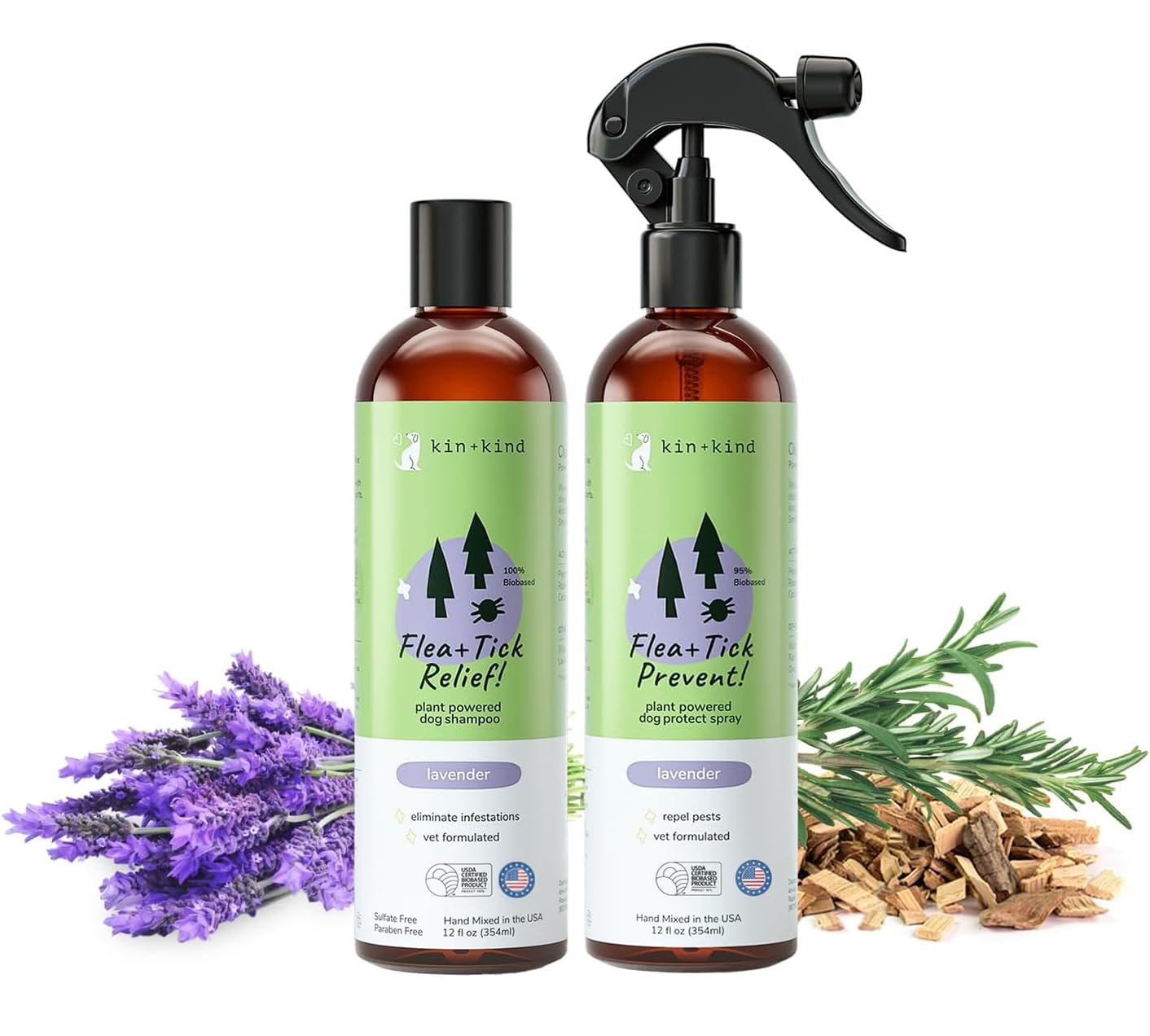kin+kind Flea and Tick Spray and Shampoo Kit- Shampoo and Spray Set- Shampoo for Dogs, Spray for Dogs- for Tick and Flea Control Shampoo and Repel Spray- Lavender, 12 oz Each