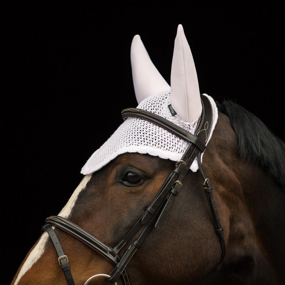 HORZE Supreme Silent Crochet Ear Bonnet - Sound Dampening Fly Protection for Sensitive Horses - White - Horse