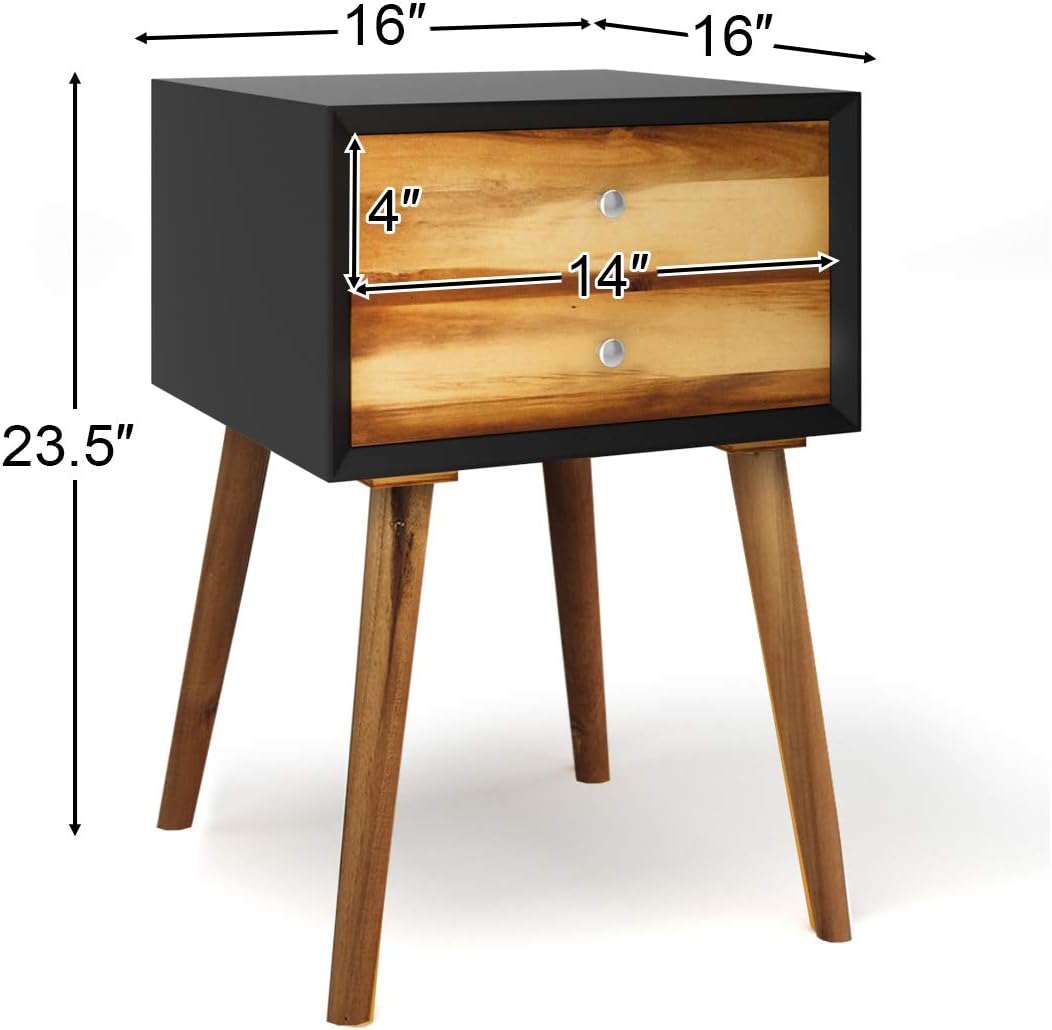 KOTEK Nightstand with 2 Drawers, Bedside Table with Solid Wood Legs, Mid Century Modern End Side Table for Living Room, Bedroom, Small Space (2, Black)