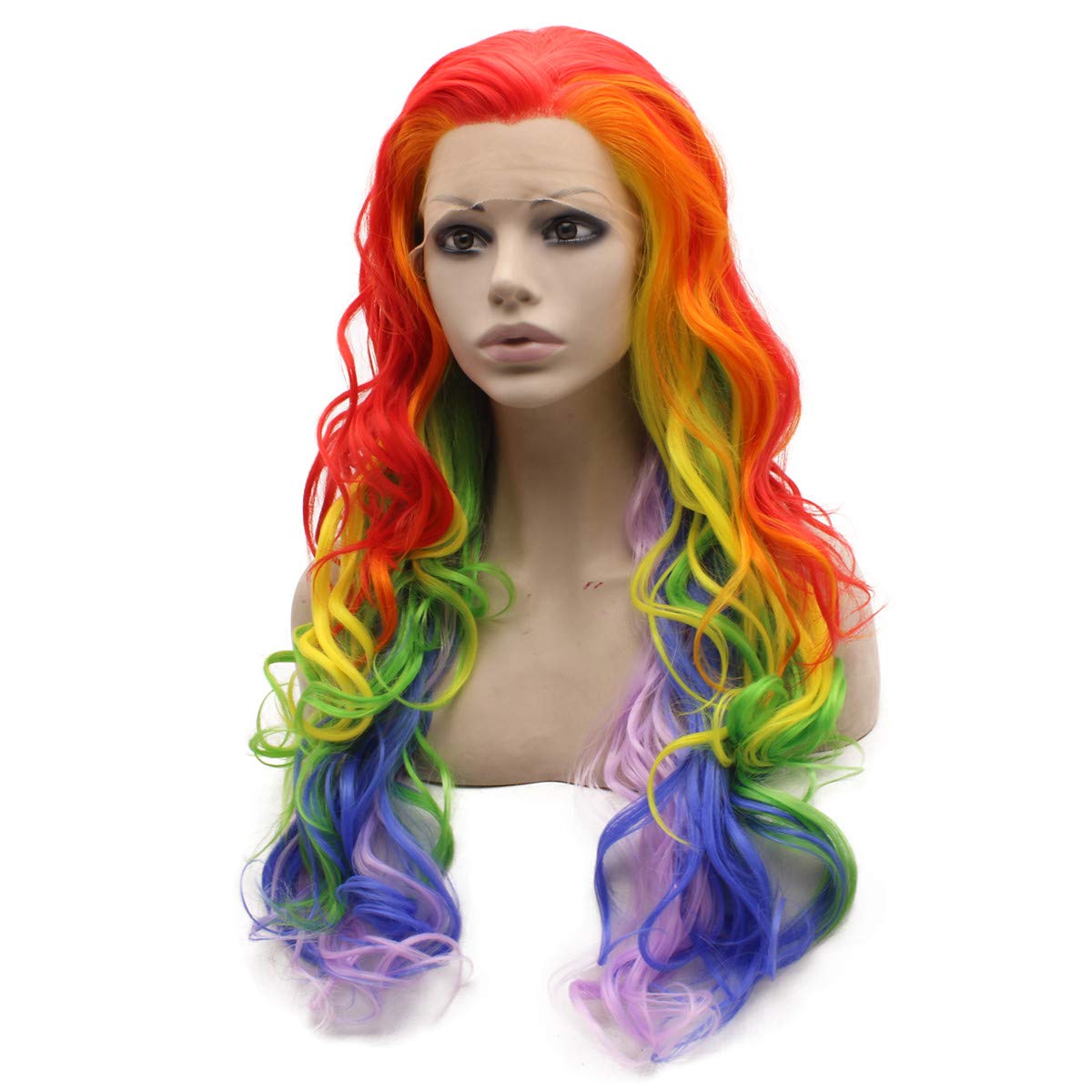 MX angel Long Colorful Rainbow Ombre Heat Friendly Fiber Lace front Cosplay Party Wig