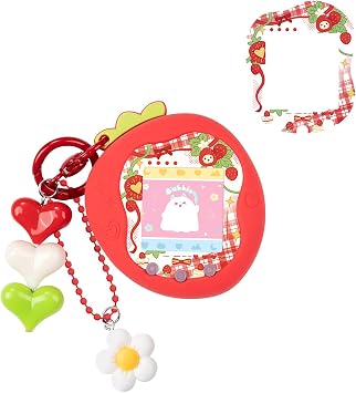 Strawberry Bubble Protective Case for Tamagotchi Uni, Soft TPU Silicone Cover with Faceplate & Charms Set, Anti-Scratch & Waterproof Red