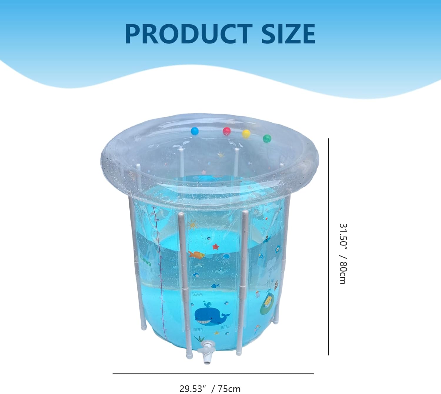 Kiddie Pool 29.5x31.5in: Inflatable Baby Pool Cartoon Pattern, Baby Swimming with Drainage Transparent Sealed PVC Cooling Toddler