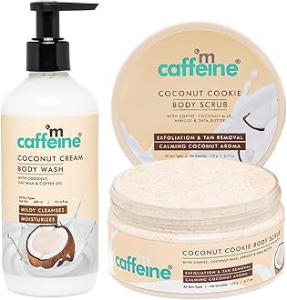 mCaffeine Tropical Coconut Cleanse & Detan Set for Glowing Skin| Mildly Cleanses, Exfoliates, Removes Tan| Coconut Body Wash - 300ml & Coconut Body Scrub - 175 g| Calming Coconut Aroma for Men & Women