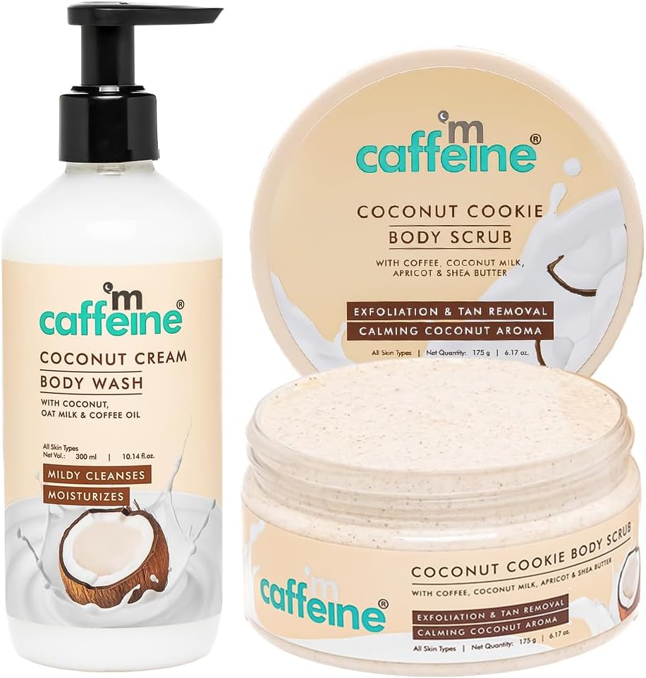 mCaffeine Tropical Coconut Cleanse & Detan Set for Glowing Skin| Mildly Cleanses, Exfoliates, Removes Tan| Coconut Body Wash - 300ml & Coconut Body Scrub - 175 g| Calming Coconut Aroma for Men & Women