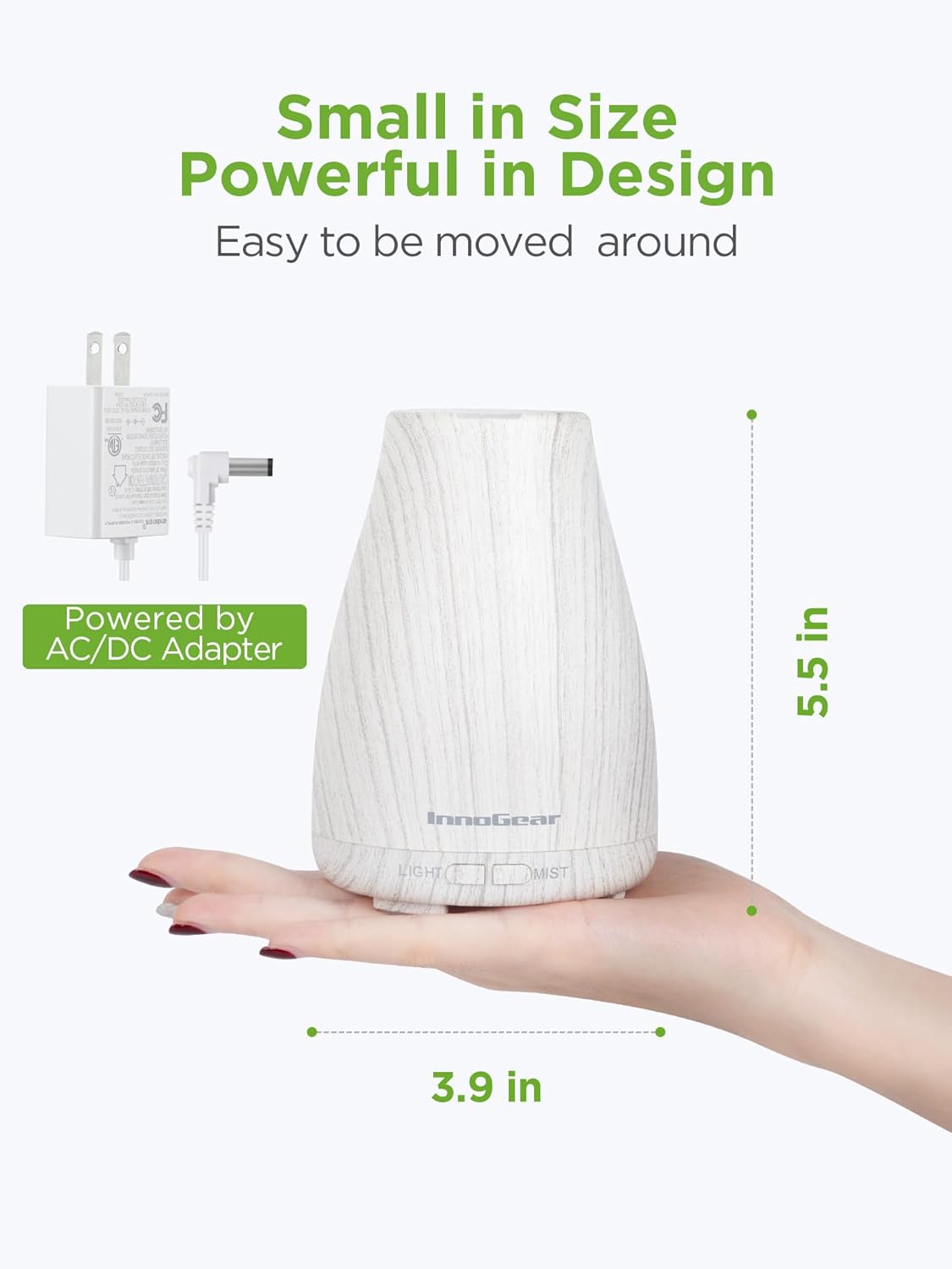InnoGear Essential Oil Diffuser showing compact size and power adapter