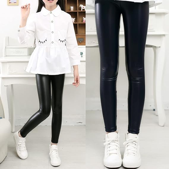 Faux Leather Leggings for Girls and Toddler High Waisted Stretch Leggings Tights Teens Skinny PU Leather Yoga Tight