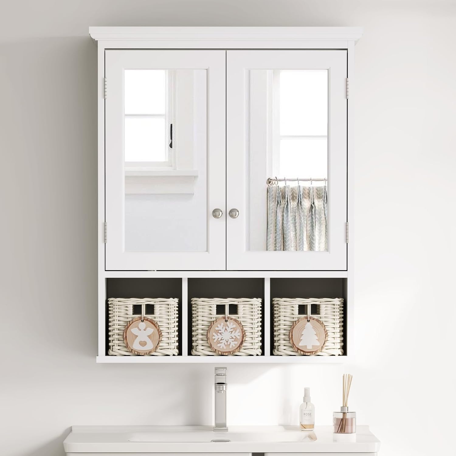 Bathroom Wall Cabinet with Mirrors,Wall-Mounted Storage Organizer Over Toilet with 3 Storage Baskets and 2 Adjustable Shelves, Bathroom Mirror Medicine Cabinet, Kitchen,White