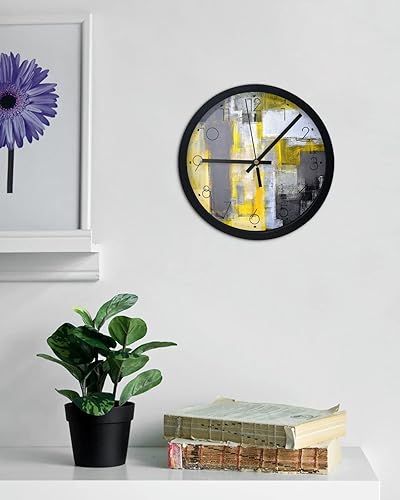 Miniatura 4 de Reloj de pared silencioso y decorativo, abstracto, geométrico, amarillo, gris, negro, pintura al óleo de 10 pulgadas, sin tictac, reloj de pared