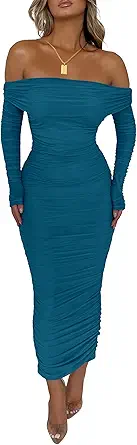PRETTYGARDEN Women's Fall Off The Shoulder Maxi Dress Spring Long Sleeve Ruched Fitted Bodycon Club Dresses with Slit