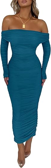 PRETTYGARDEN Women's Fall Off The Shoulder Maxi Dress Spring Long Sleeve Ruched Fitted Bodycon Club Dresses with Slit