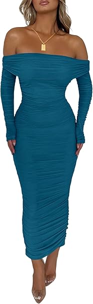 PRETTYGARDEN Women's Fall Off The Shoulder Maxi Dress Spring Long Sleeve Ruched Fitted Bodycon Club Dresses with Slit