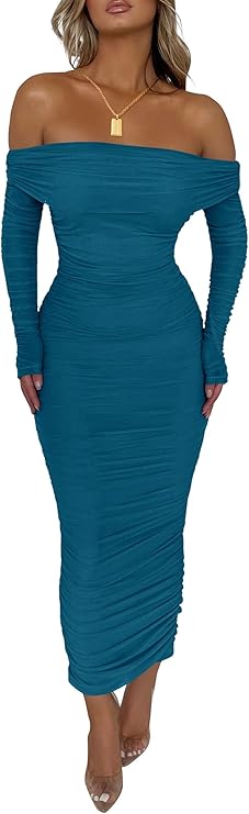 PRETTYGARDEN Women's Fall Off The Shoulder Maxi Dress Spring Long Sleeve Ruched Fitted Bodycon Club Dresses with Slit