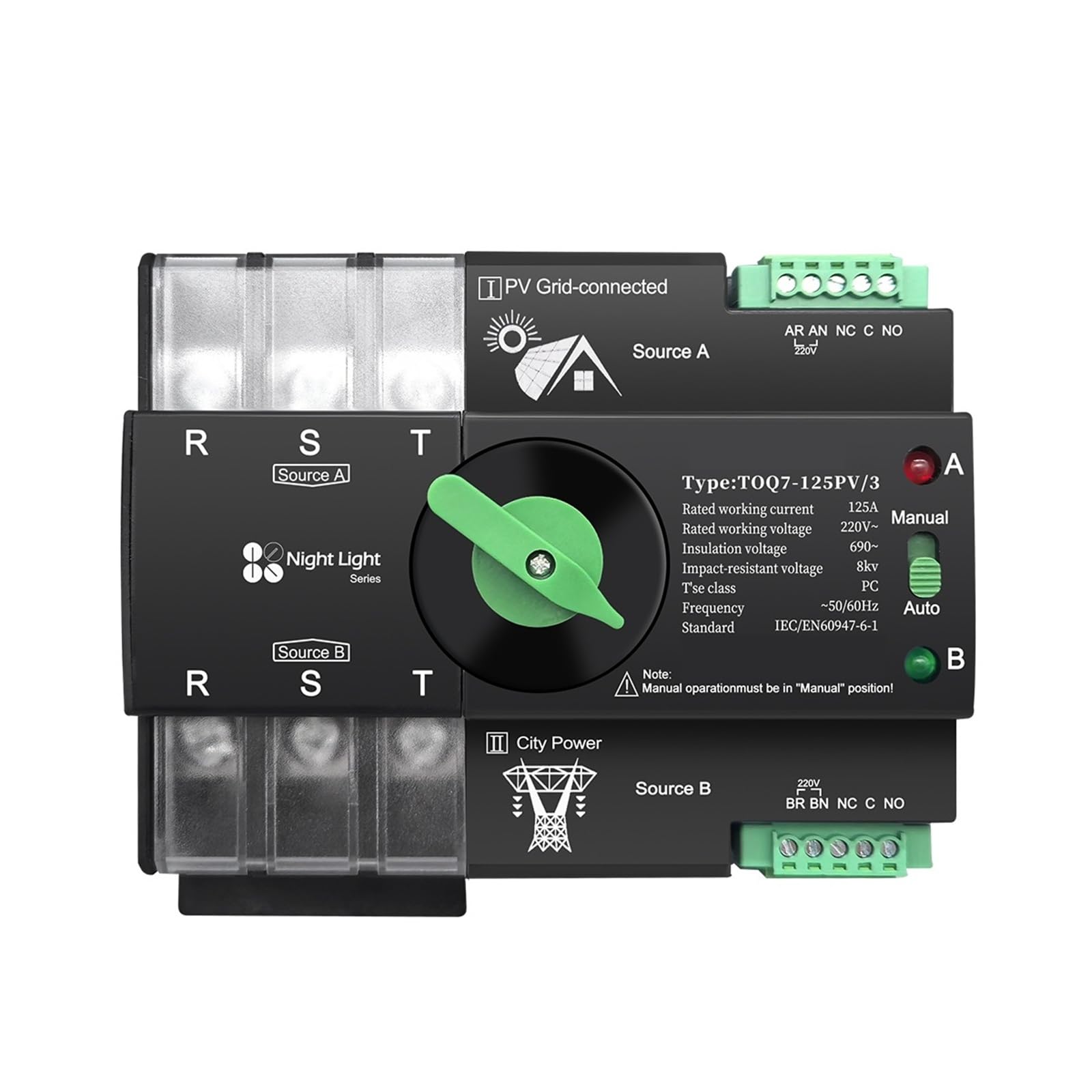 Interruptor de transferencia automática trifásico ATS 3P, 63 A, 100 A, 125 A, 230 V, doble potencia, ininterrumpido, TOQ7, 1 unidad(125A)