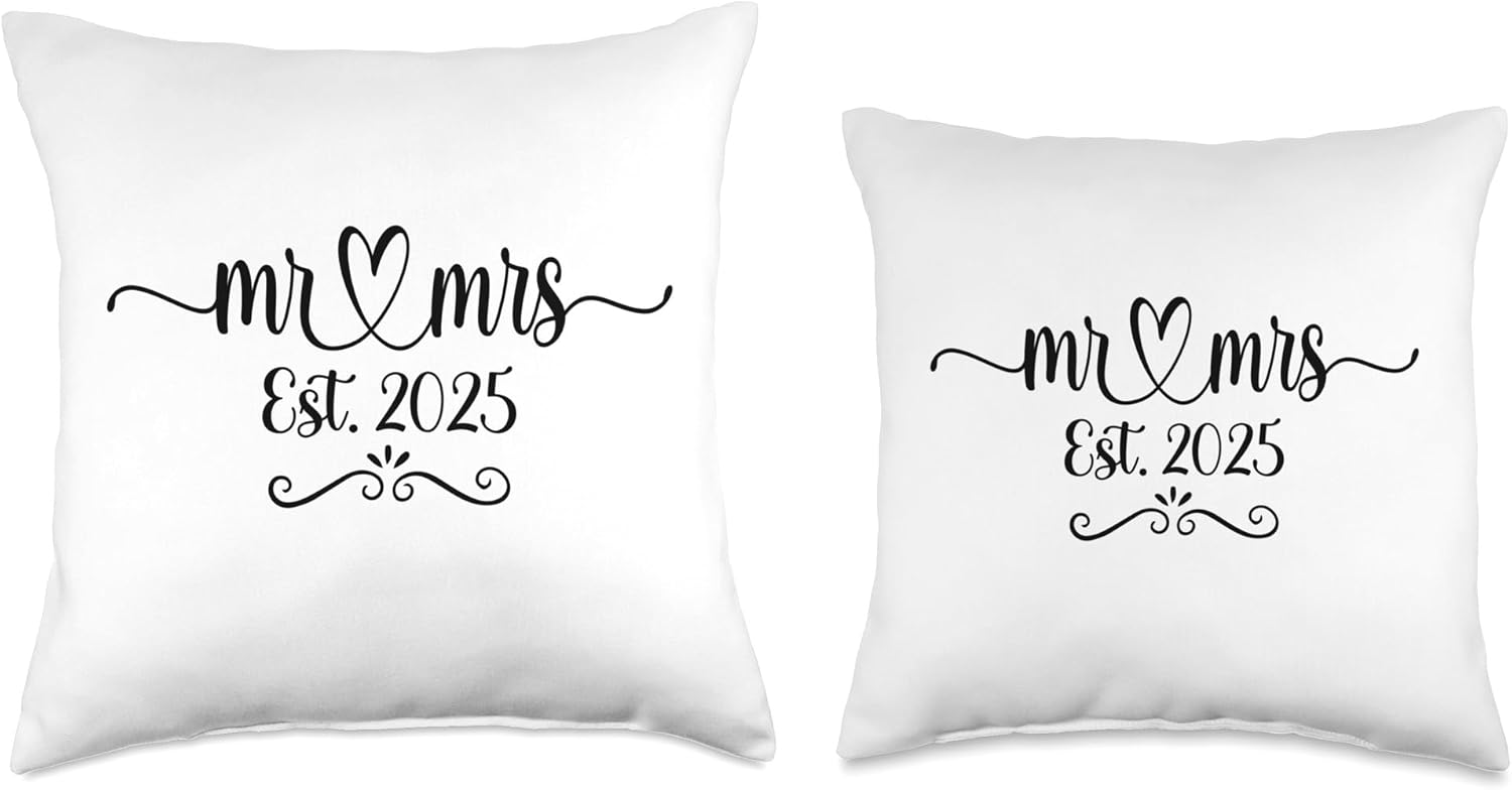 Mr. and Mrs. Est. 2025 Just Married Wedding Husband & Wife Throw Pillow