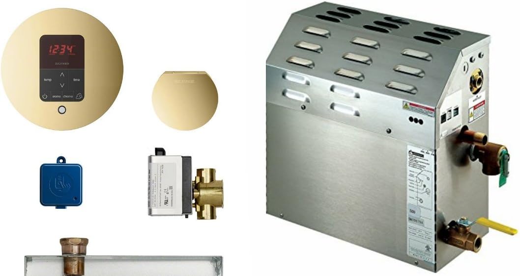 Mr. Steam MS90E Steam Bath Generator with Round Butler Package in Satin Brass