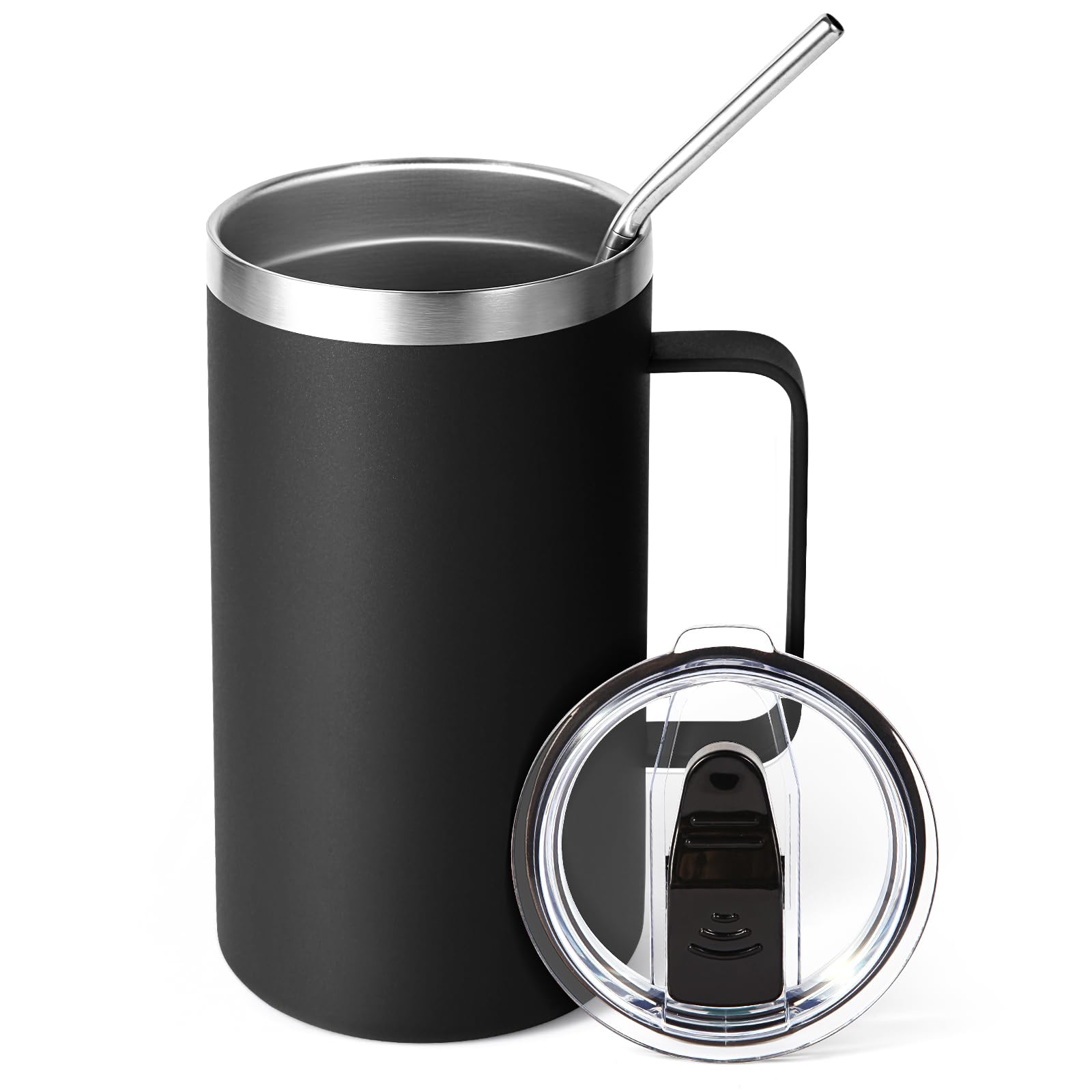 22oz Insulated Stainless Steel Coffee Mug with Leakproof Lid,Double Wall Vacuum Travel Coffee Cup with Handle,Reusable Metal Tumbler,Camping Mugs Keep Hot&Cold(Black,1)