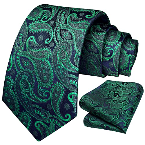 Image of HISDERN Extra Long Ties for Men Classic Floral Tie and Pocket Square Elegant Silk Necktie Handkerchief Set Wedding Party