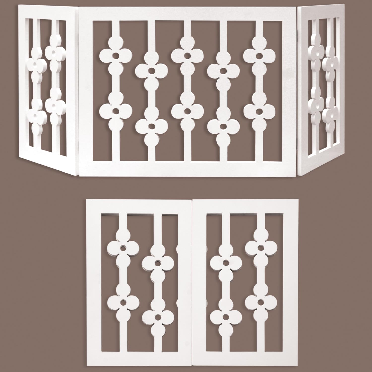 Etna White Floral Wooden Pet Gate - Freestanding Foldable Adjustable 3-Section Dog Gate. Extra Wide, Keeps Pets Safe Indoors/Outdoors - Fully Assembled