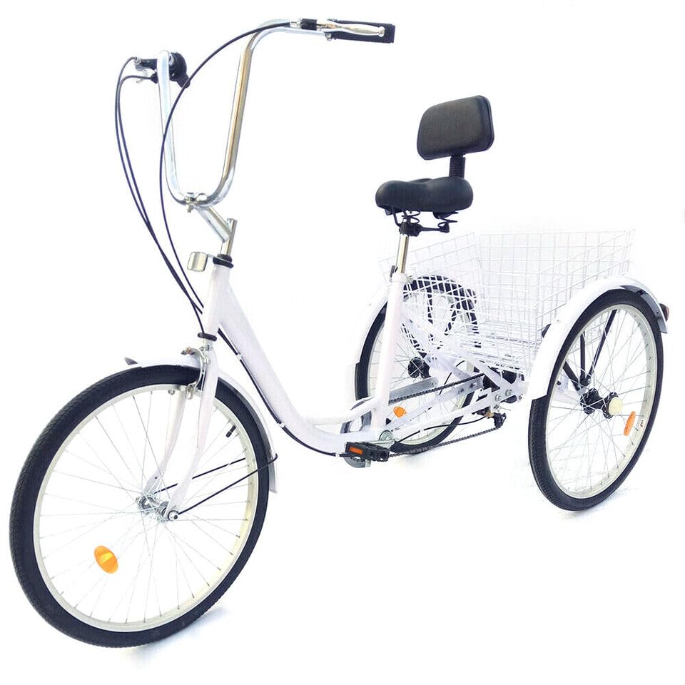 24 Inch Adult Tricycle, 6 Speed 3-Wheel Bike Adult Trike Bike Tricycle for Adults with Backrest and Basket Height Adjustable Cruise Trike Elderly Bicycle for Shopping Picnic Beach (White)