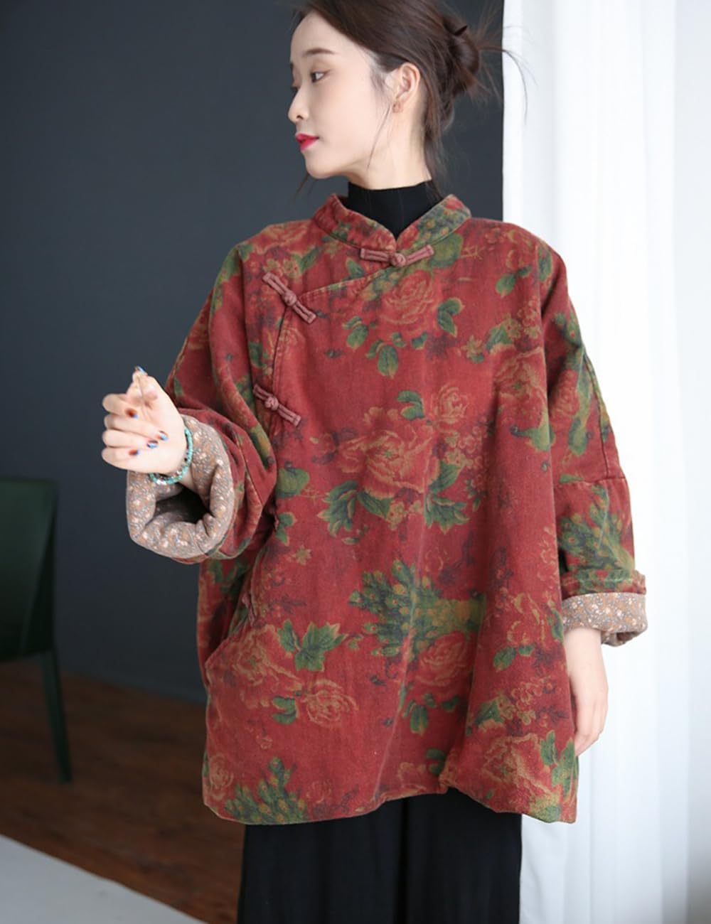 NFYM Women's Wealth Floral Pattern Stand Collar Chinese Jacket Traditional Frog Button Cheongsam Style Loose Padded Coat