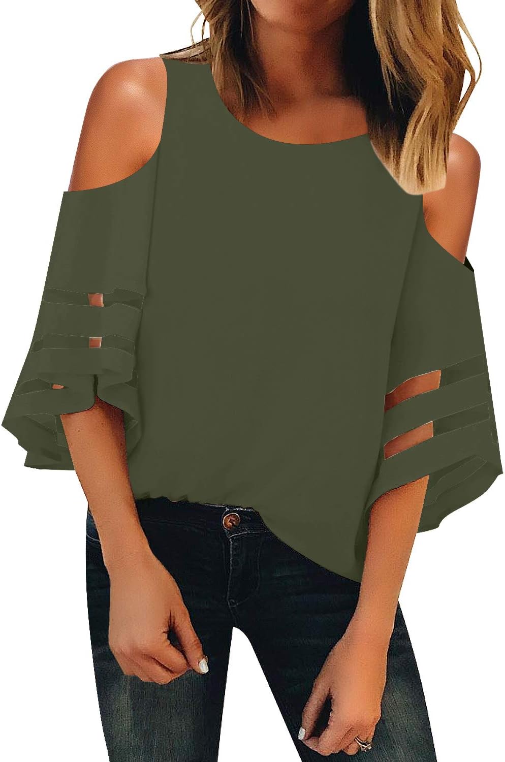 LookbookStore Women's Cold Shoulder Loose Shirt Tops 3/4 Bell Mesh Sleeve Blouse