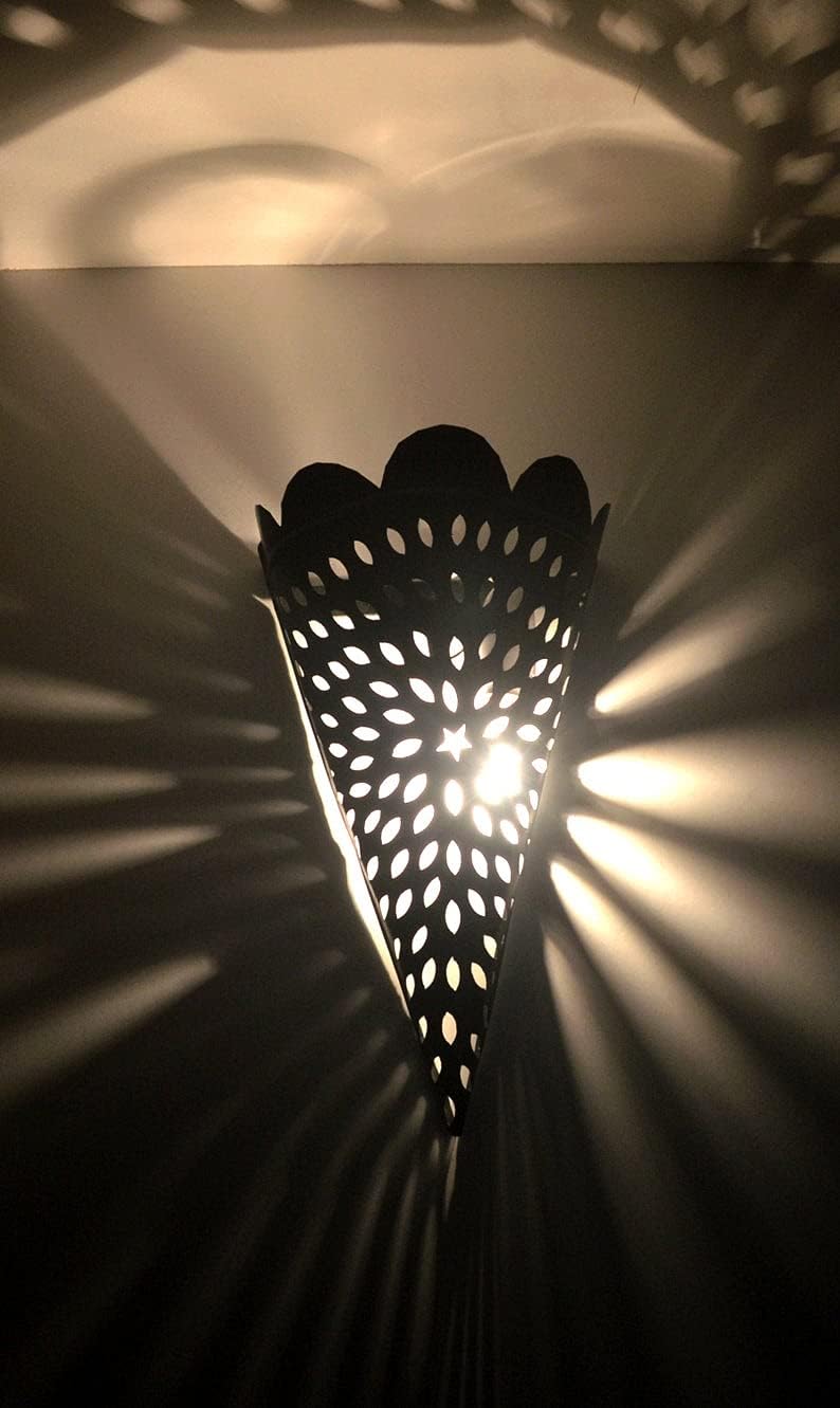Wall Lamp Shade, Hand Pierced Triangle Metal Moroccan - H34 W24 D10 cm