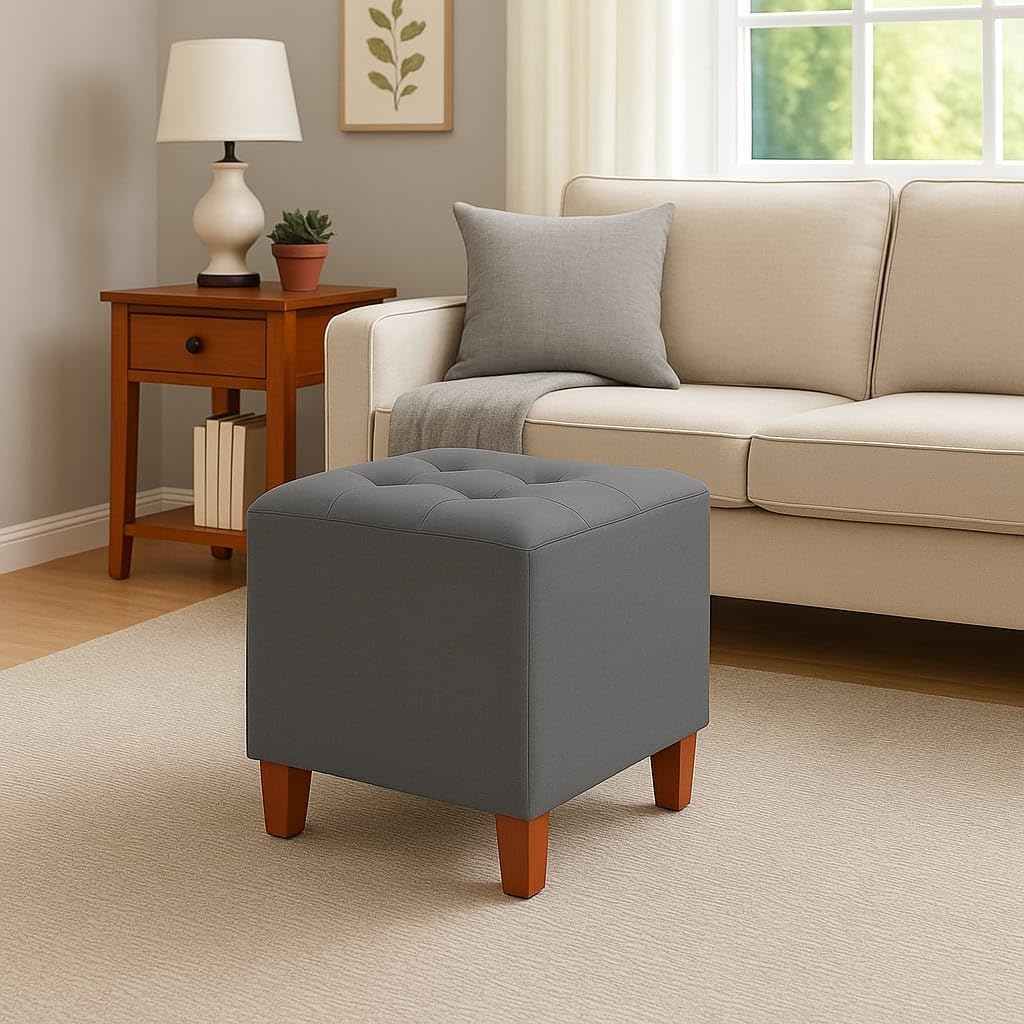 PREDELLA Square Tufted Ottoman Footrest, Upholstered Linen Fabric Foot Stool with Solid Wood Legs, Small Ottoman for Living Room, Bedroom, Entryway, Grey-image-24