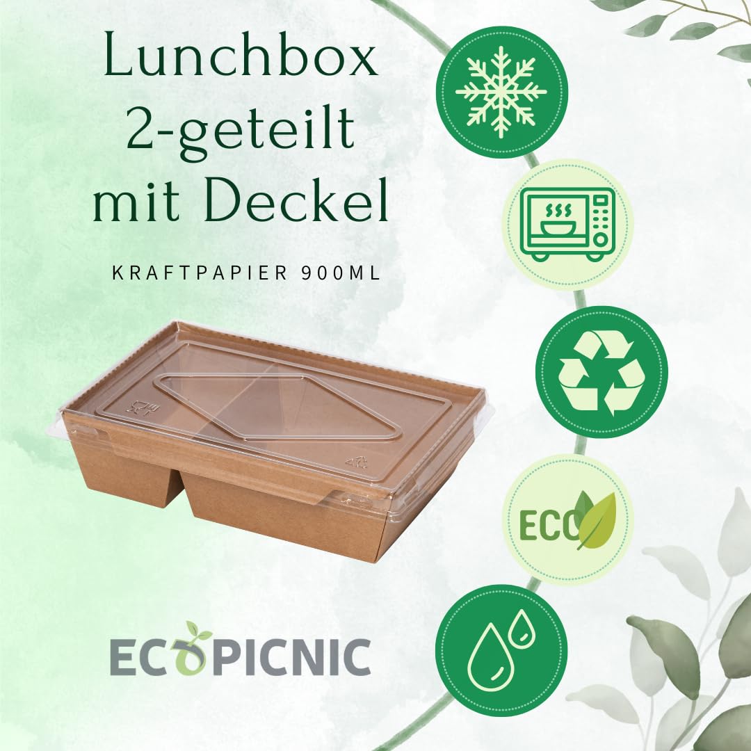 Lanchbox in Carta Kraft con Coperchio Trasparente a 2 Scomparti 900 ml - Confezione da 200 Pezzi | Scatole per Alimenti da Asporto, Contenitori Monouso per Cibo e Dolci