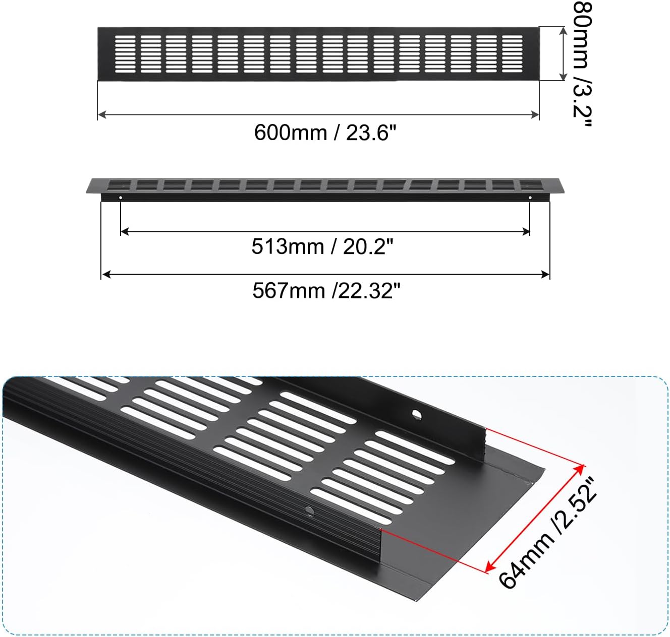 PATIKIL 23.6 x 3.2 Inch Door Air Vent Cover, Aluminum Grille Ventilation Cover Louvered with Mounting Screws for Cabinet Wardrobe Door, Black