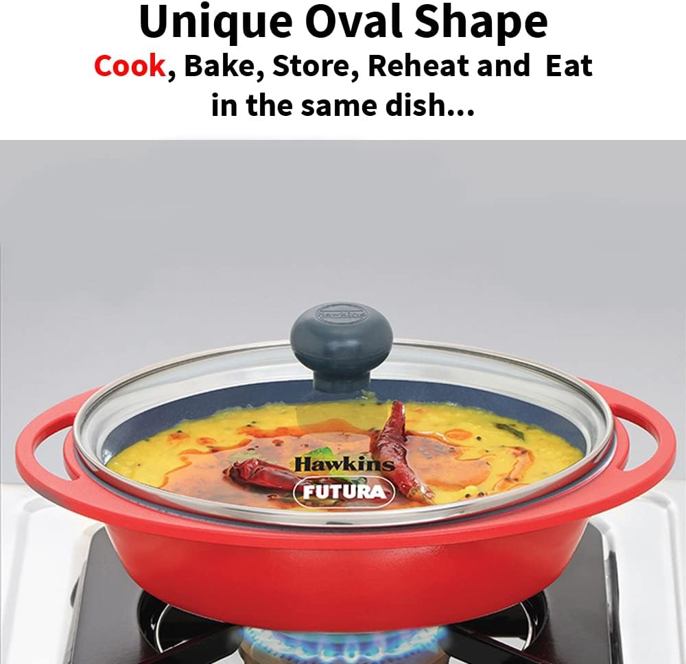 Hawkins 0.75 Litre Mini Casserole with Glass Lid, Oval Shaped Die-Cast pan for Cooking, Reheating, Serving and Storing, Grey (DCG75G)