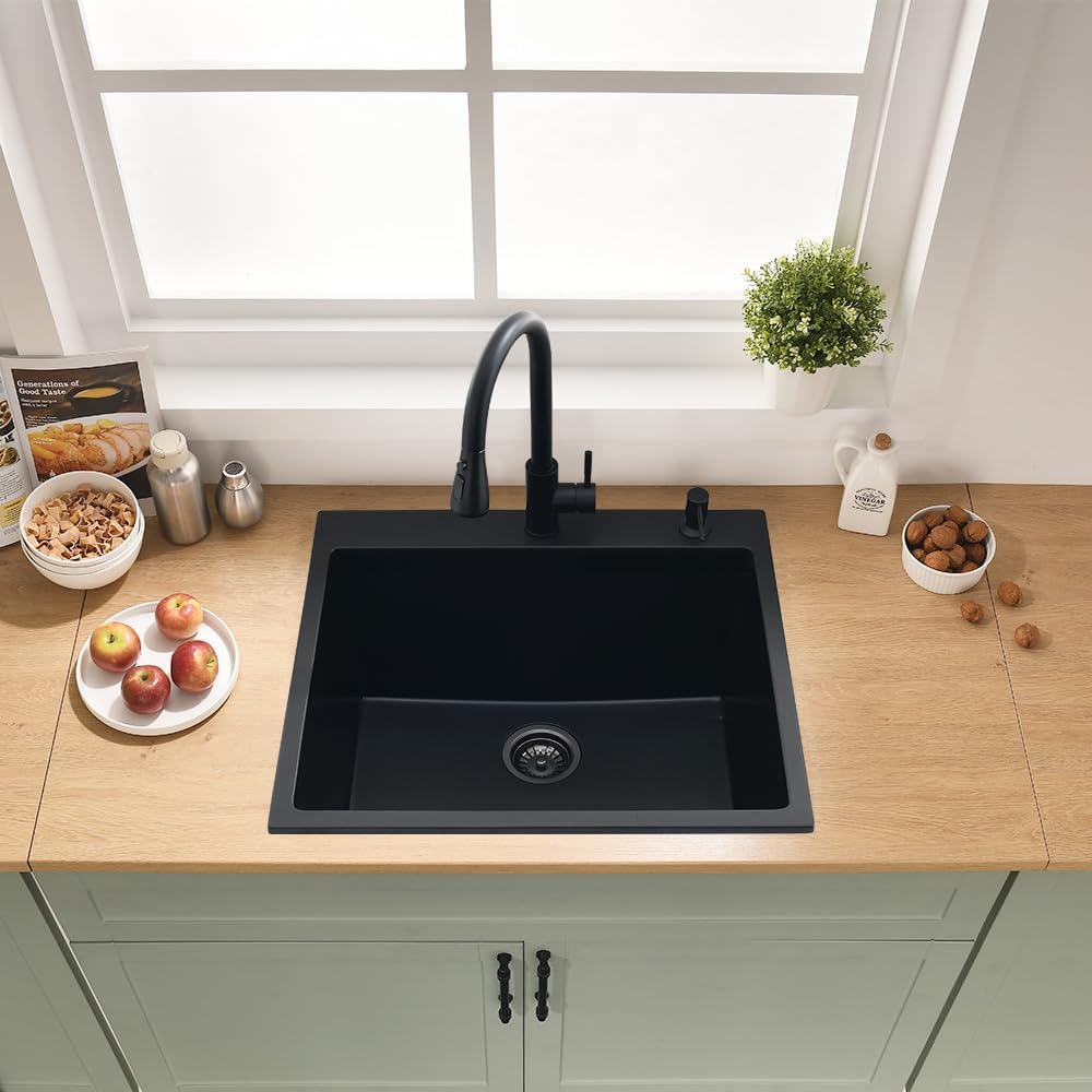 25x22 Drop In Kitchen Sink, Matte Black Granite Composite Quartz Drop In Sink Single Bowl Outdoor Kitchen Sink 25-inch Utility Drop-In/Topmount with Small Rubber Squeegee