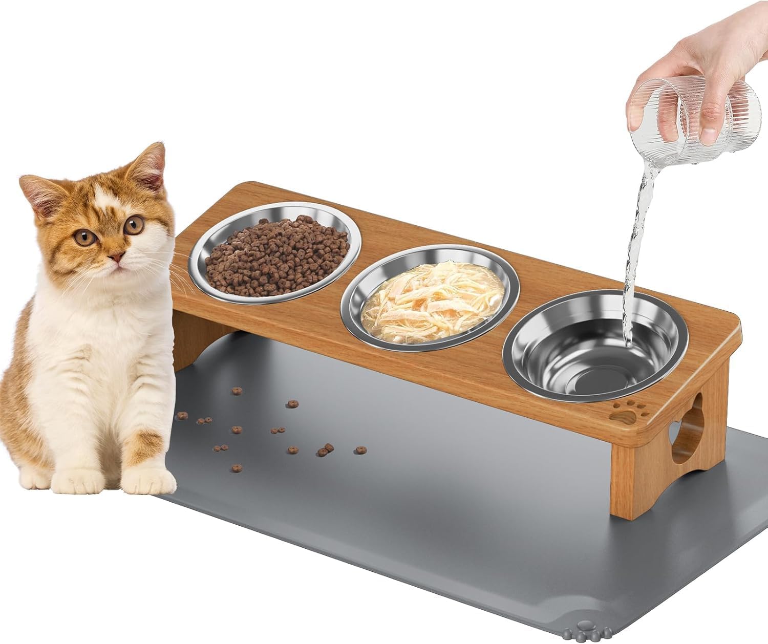 Elevated Cat Bowls with 3 Stainless Steel Bowls | 15° Tilted Anti-Vomiting Raised Cat Food Bowl with Solid Wood Stand and Silicone Pad for Cats and Small Pets Bowl(Slate Grey)