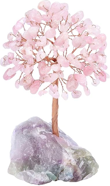 JOVIVI Rose Quartz Crystals Tree Money Feng Shui Gemstone Tree of Life Ornament With Fluorite Stone Stand For Good luck Wealth Chakra Stone Healing Crystals Tree Chirstmas Home Decoration Gifts