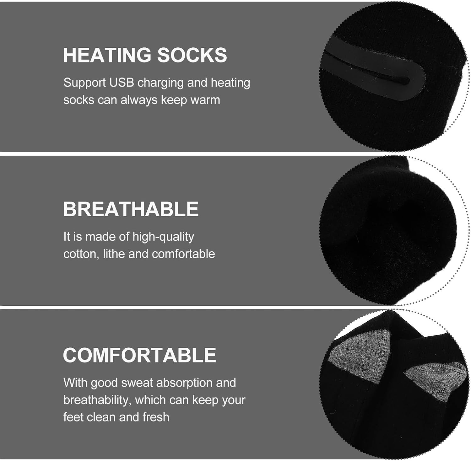 Toddmomy USB Charging Heated Socks 1 Pair Electric Heating Warm Socks with Cotton and Polyester Material for Winter Outdoor Activities, Sweat Absorption and Comfortable Thermal Stockings