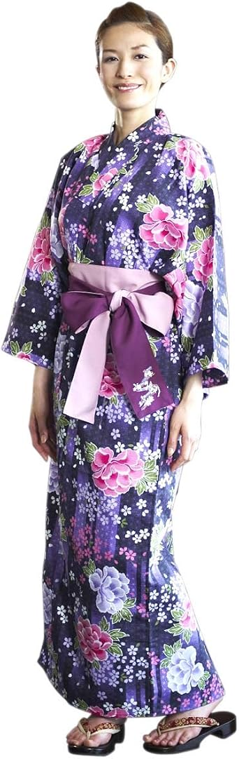 Superfine YUKATA women with wide sash belt. made in Japan. japanese robe Midori Yukata Kimono Purple Peony/